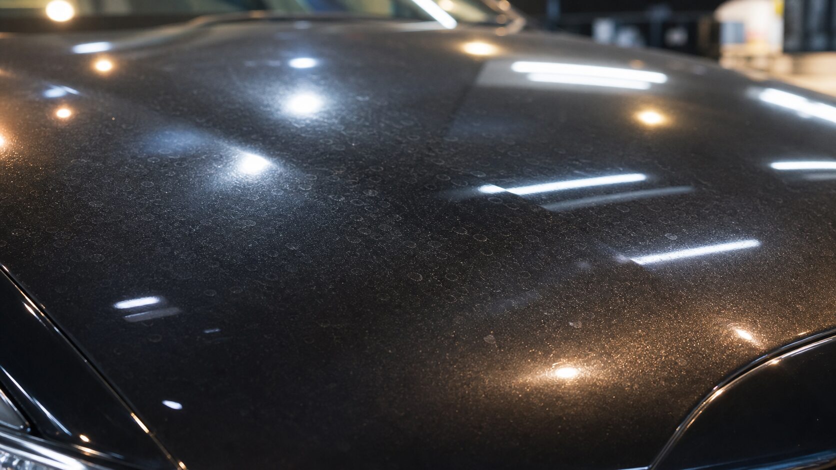 黒い車の雨染みと水垢を確認するコーティングイメージ画像