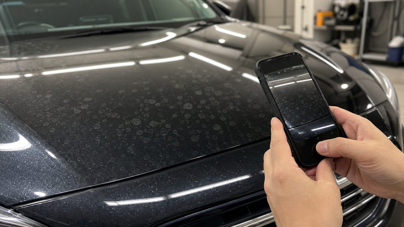 車の水滴や汚れの状態をスマートフォンで撮影して相談する様子