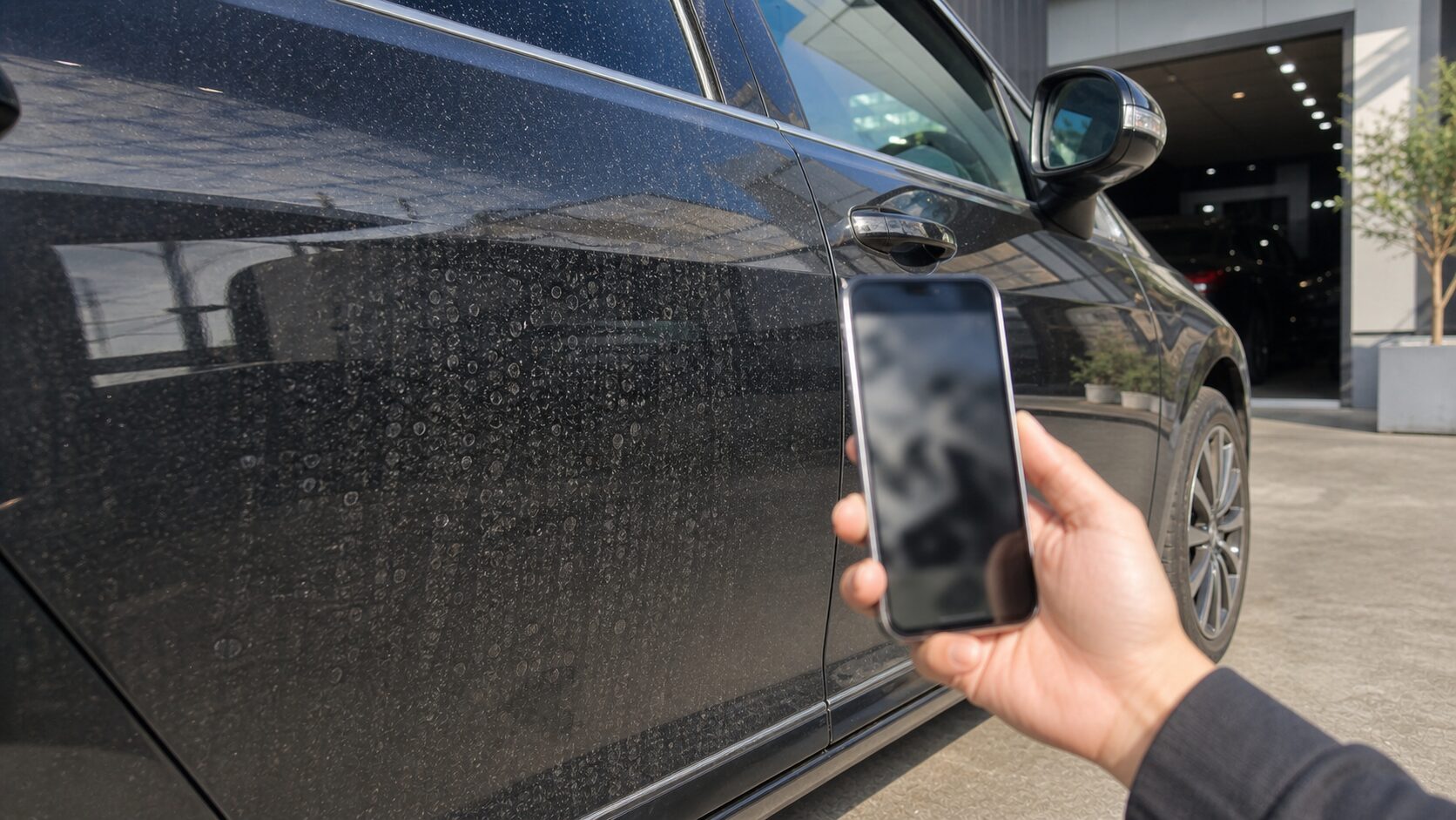 車の水滴や汚れの状態をスマートフォンで撮影して相談する様子