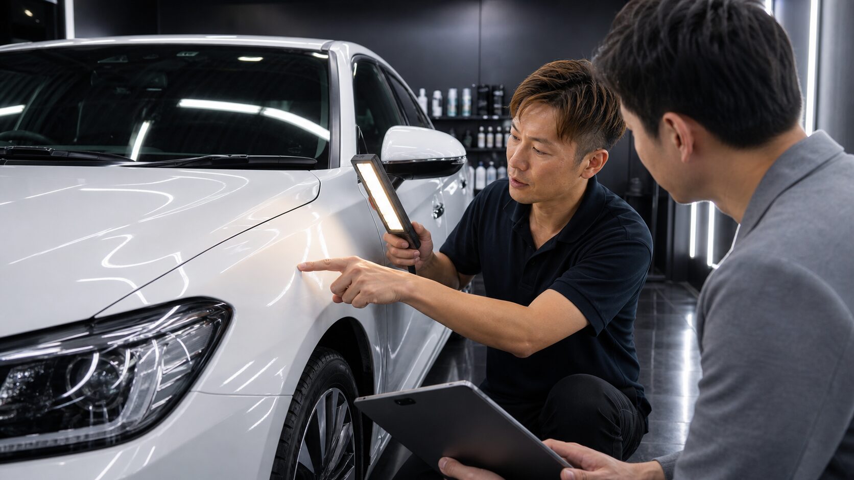 京都でカーコーティングの施工内容や下地処理を相談するイメージ