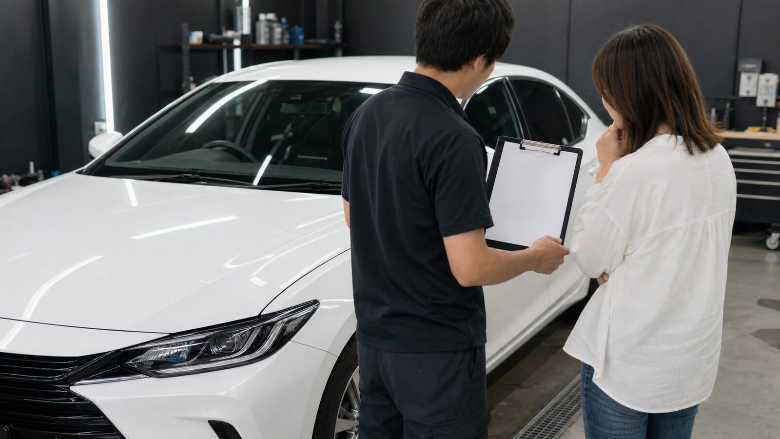 新車コーティングの相談でスタッフと確認するイメージ