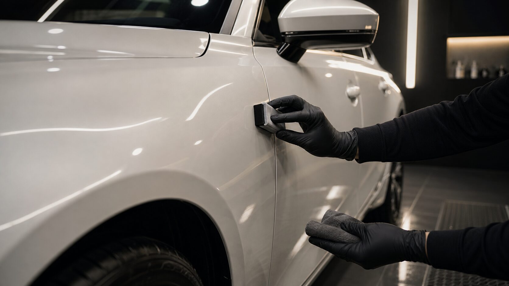 白い新車のボディにコーティングを施工している手元イメージ