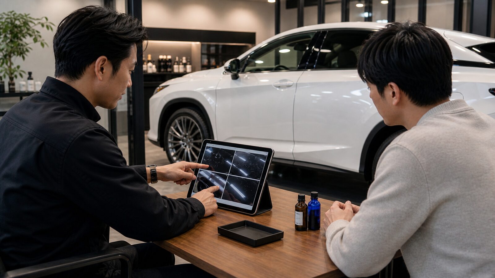 車のコーティング選びをスタッフと相談するイメージ