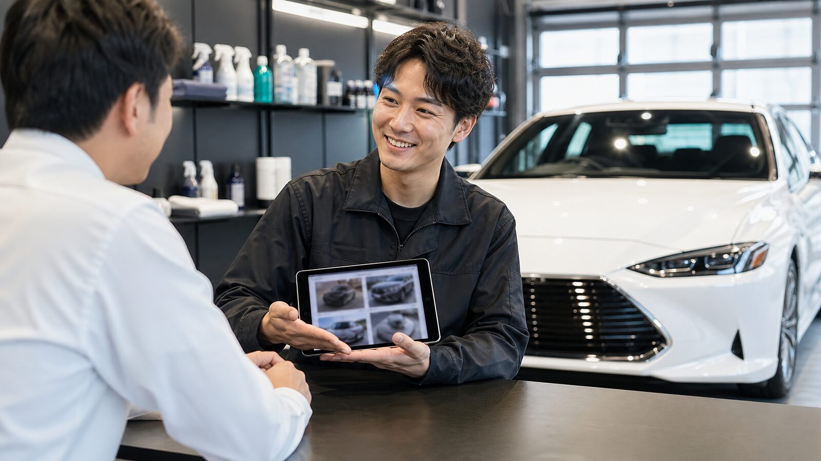 新車コーティングの相談をスタッフと行うイメージ