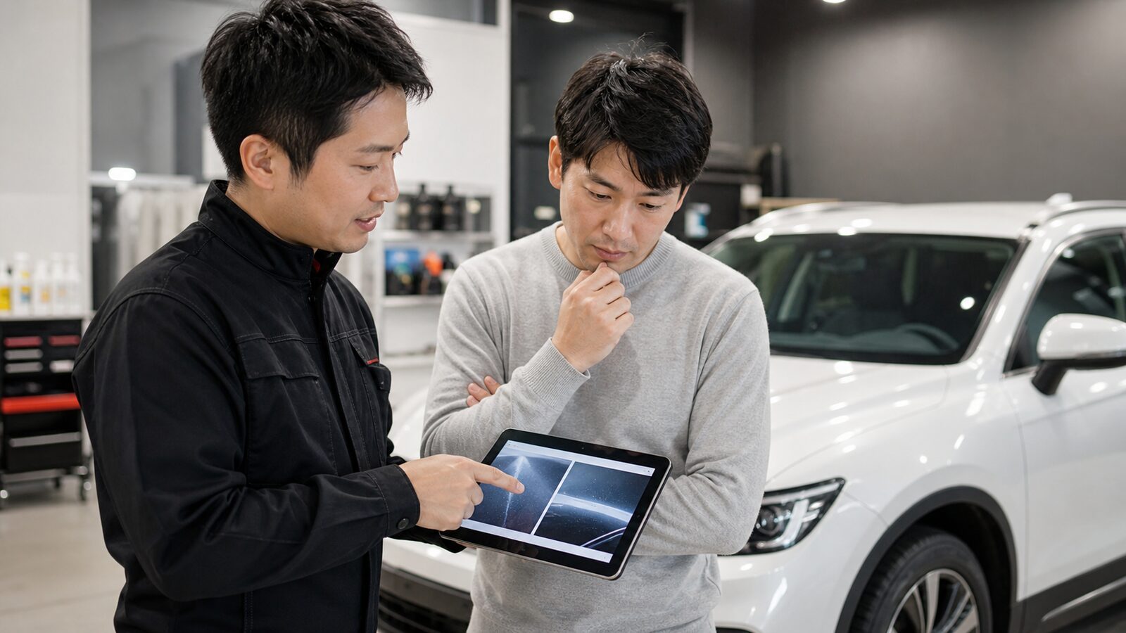 コーティングの選び方をスタッフと相談するイメージ
