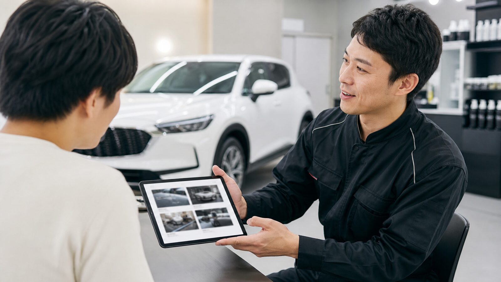 ガラスコーティングの費用感をスタッフと相談するイメージ