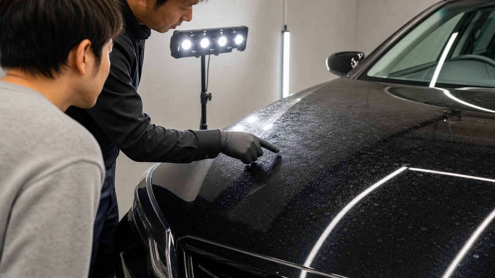 車の雨染みをライトで確認するイメージ
