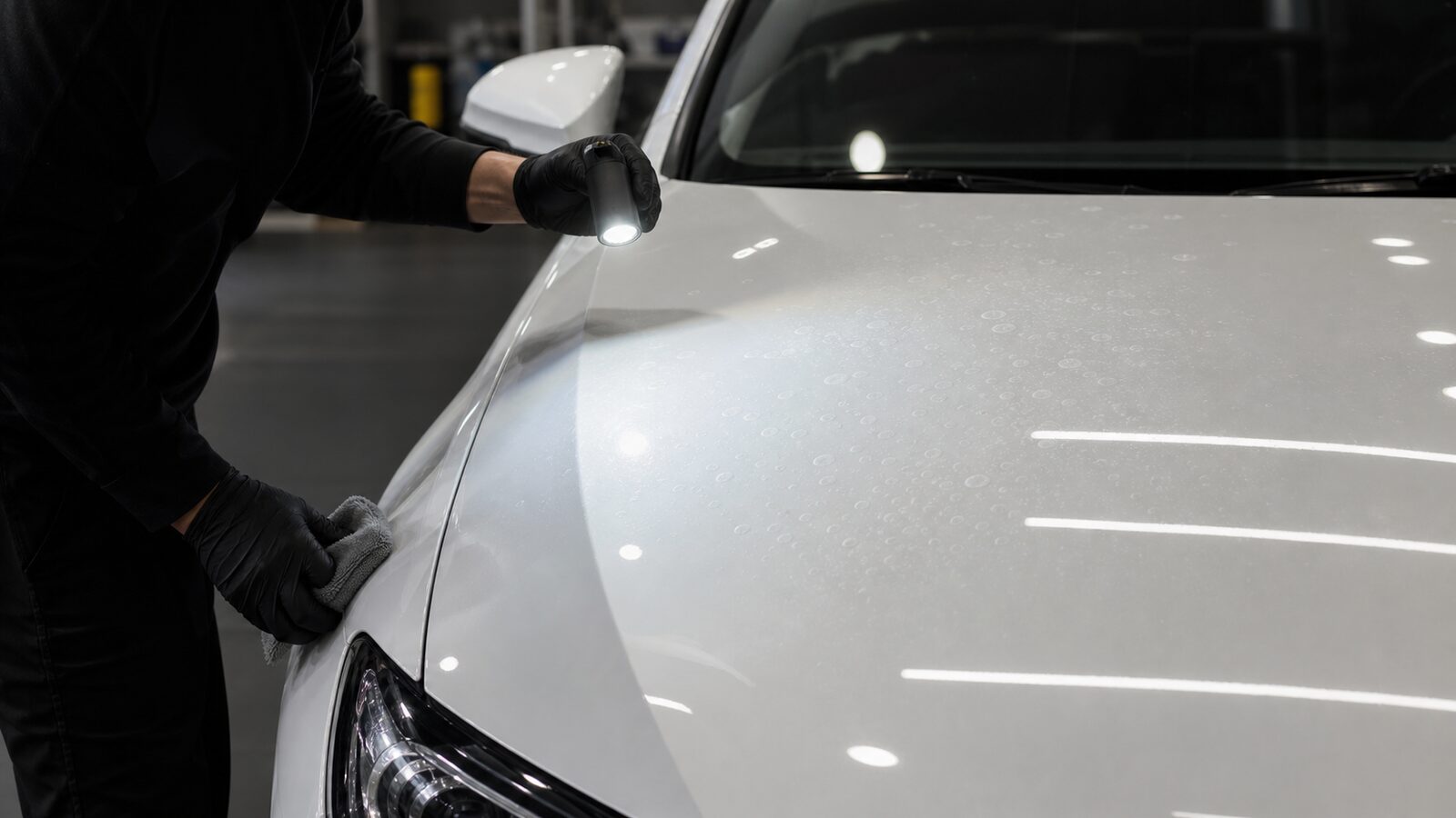 車の水垢をライトで確認するイメージ