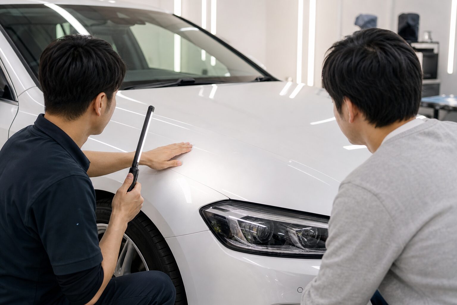 白い車のボンネットをオーナーと専門スタッフが確認するイメージ