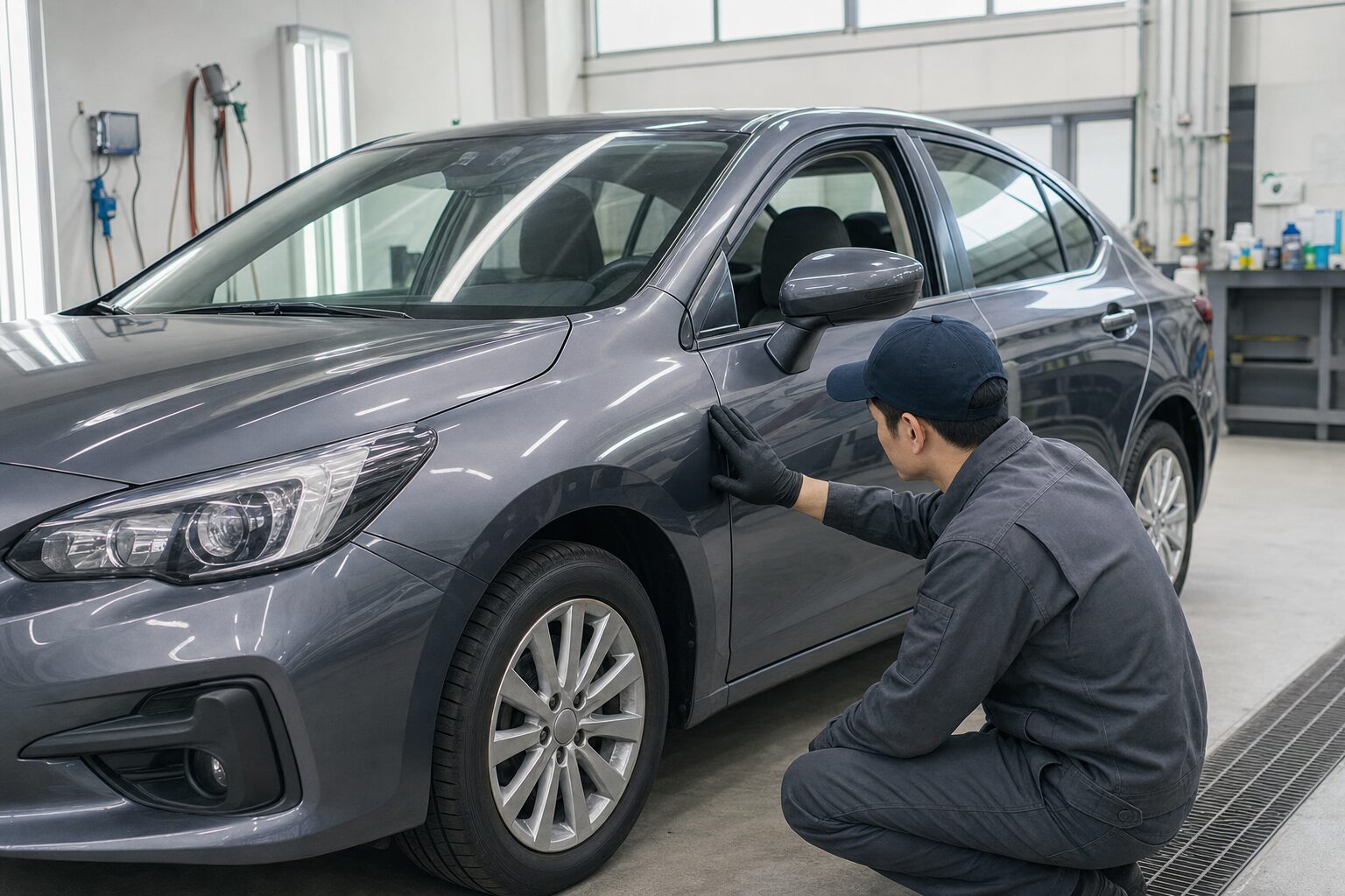 板金塗装後の車の補修パネルを点検するイメージ