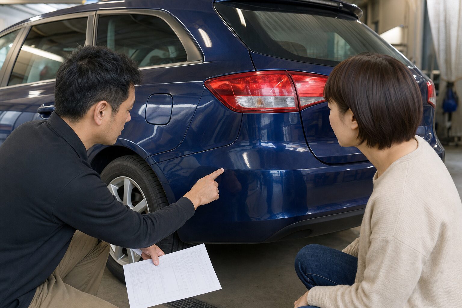 板金塗装後の車をオーナーと専門スタッフが確認するイメージ