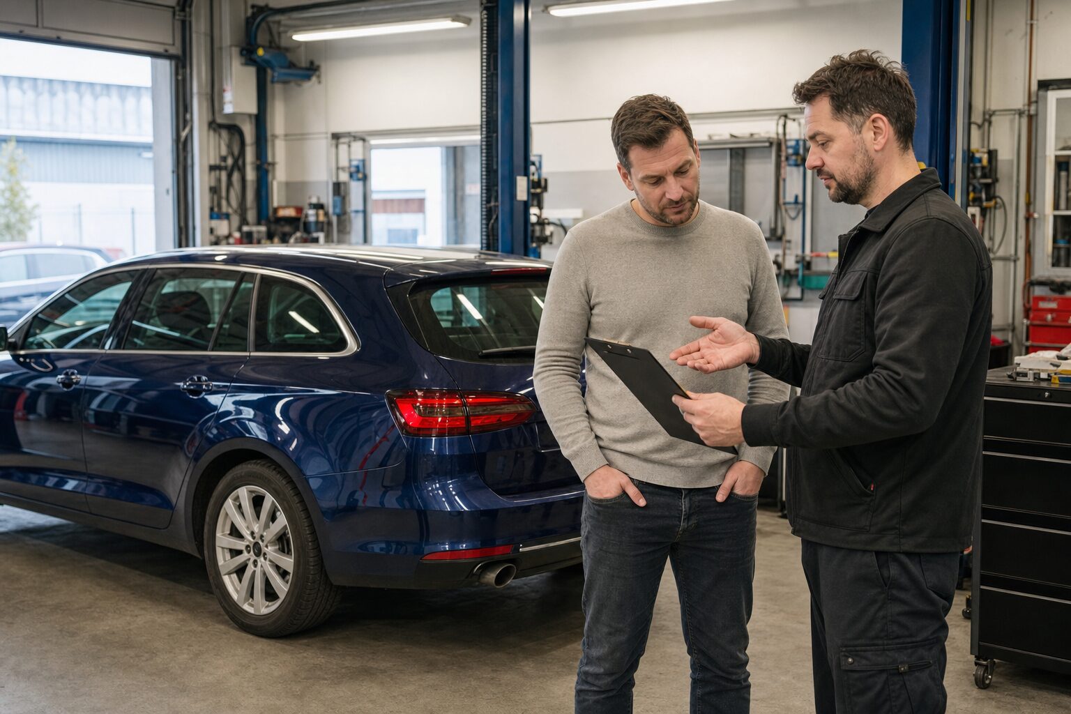 車検とコーティングの日程や作業範囲を相談するイメージ