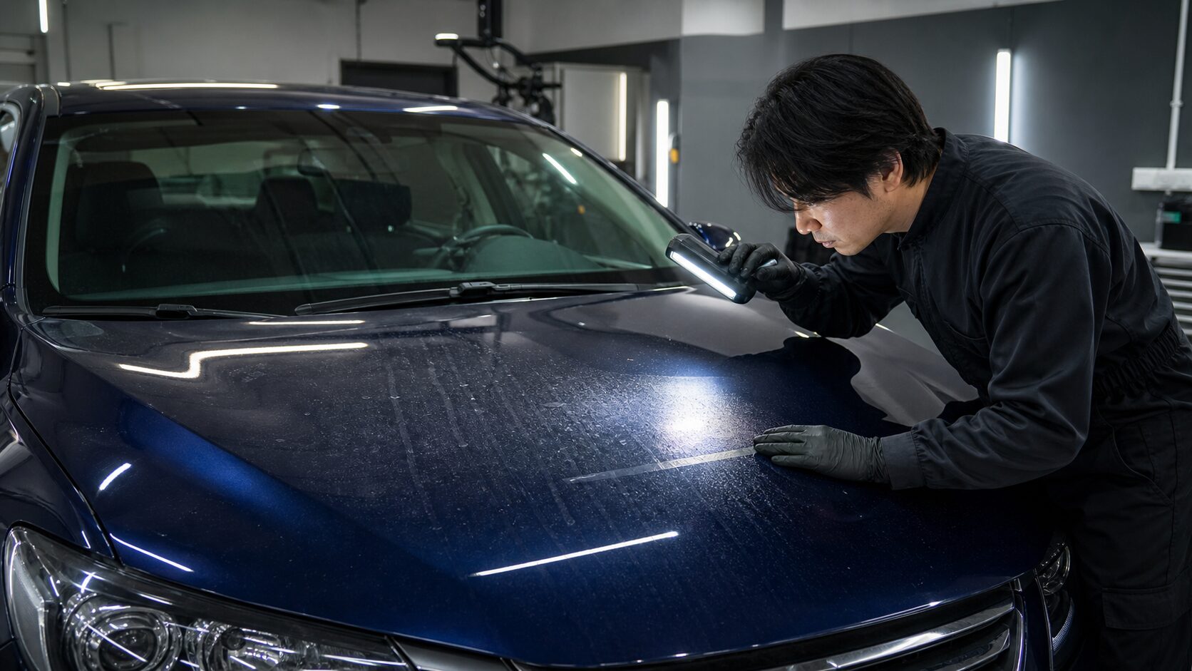 ガラスコーティング前に塗装面の汚れや洗車傷を点検するイメージ