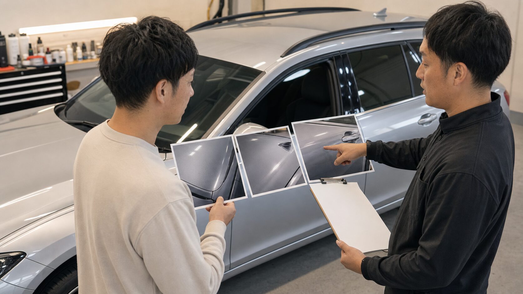 車の写真と塗装状態を見ながら施工範囲や維持方法を相談するイメージ