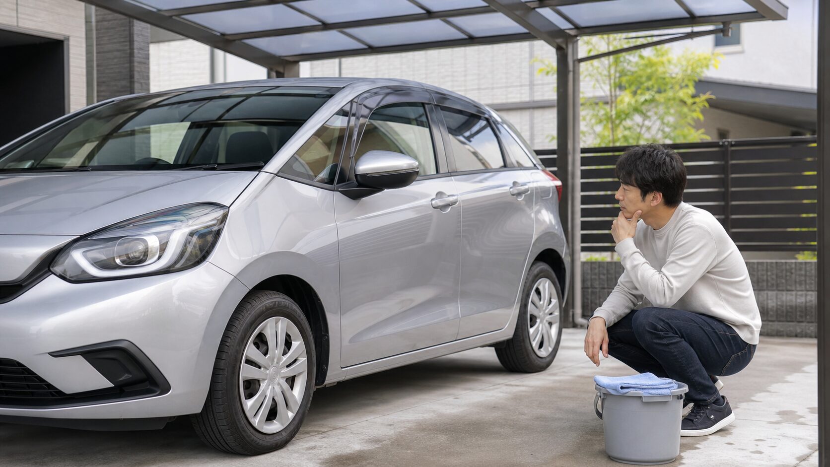 屋根のある保管場所で車の状態と日常の手入れを確認するイメージ