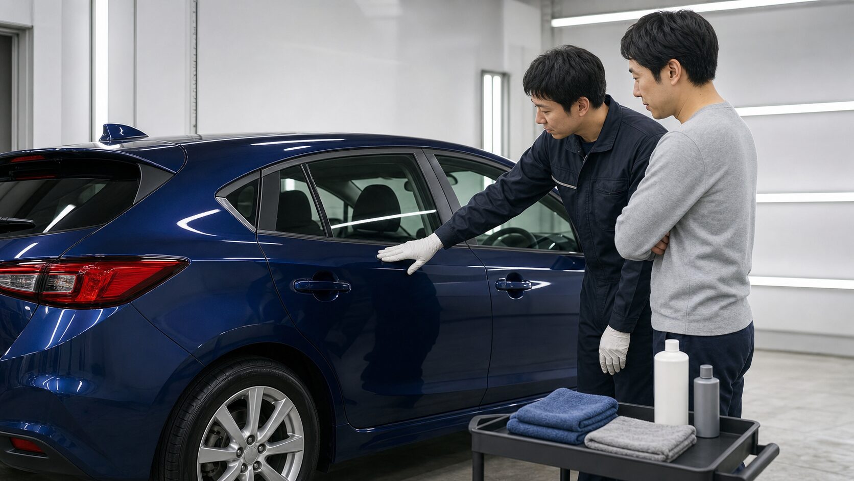 引き渡し前に照明下で塗装面と施工後の手入れを確認するイメージ