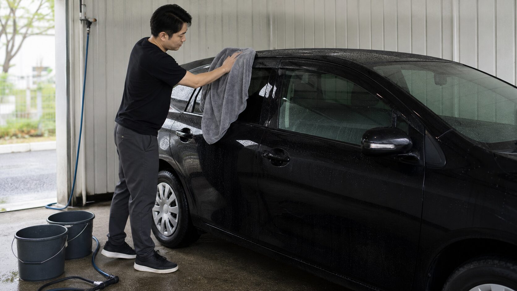 日陰で黒色の車を洗い大きなクロスで水滴を拭き上げるイメージ