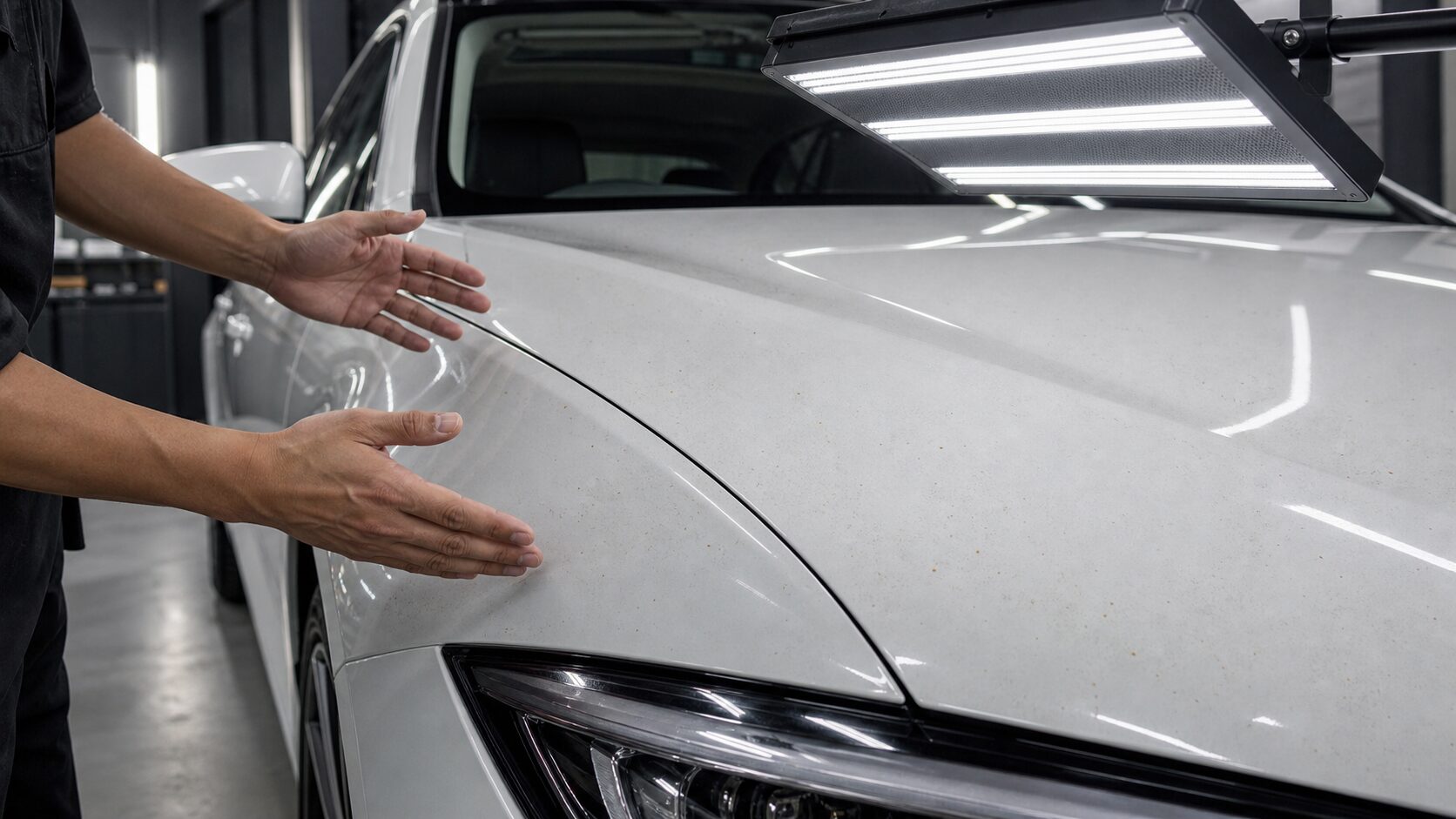 点検灯で白色車のボンネットにある薄いくすみと小さな鉄粉の点を確認するイメージ