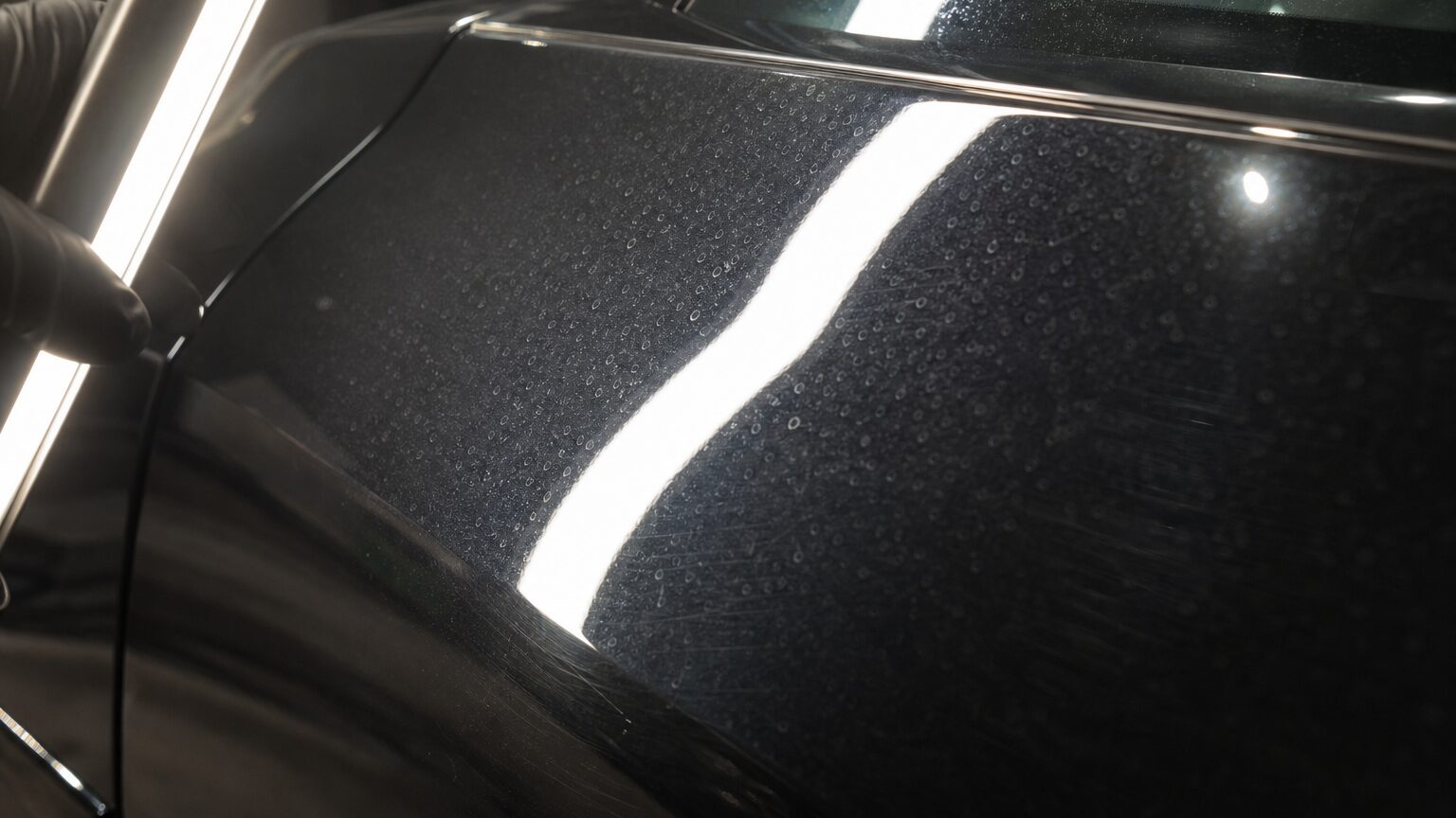 黒い塗装面の水垢や洗車傷を確認するイメージ