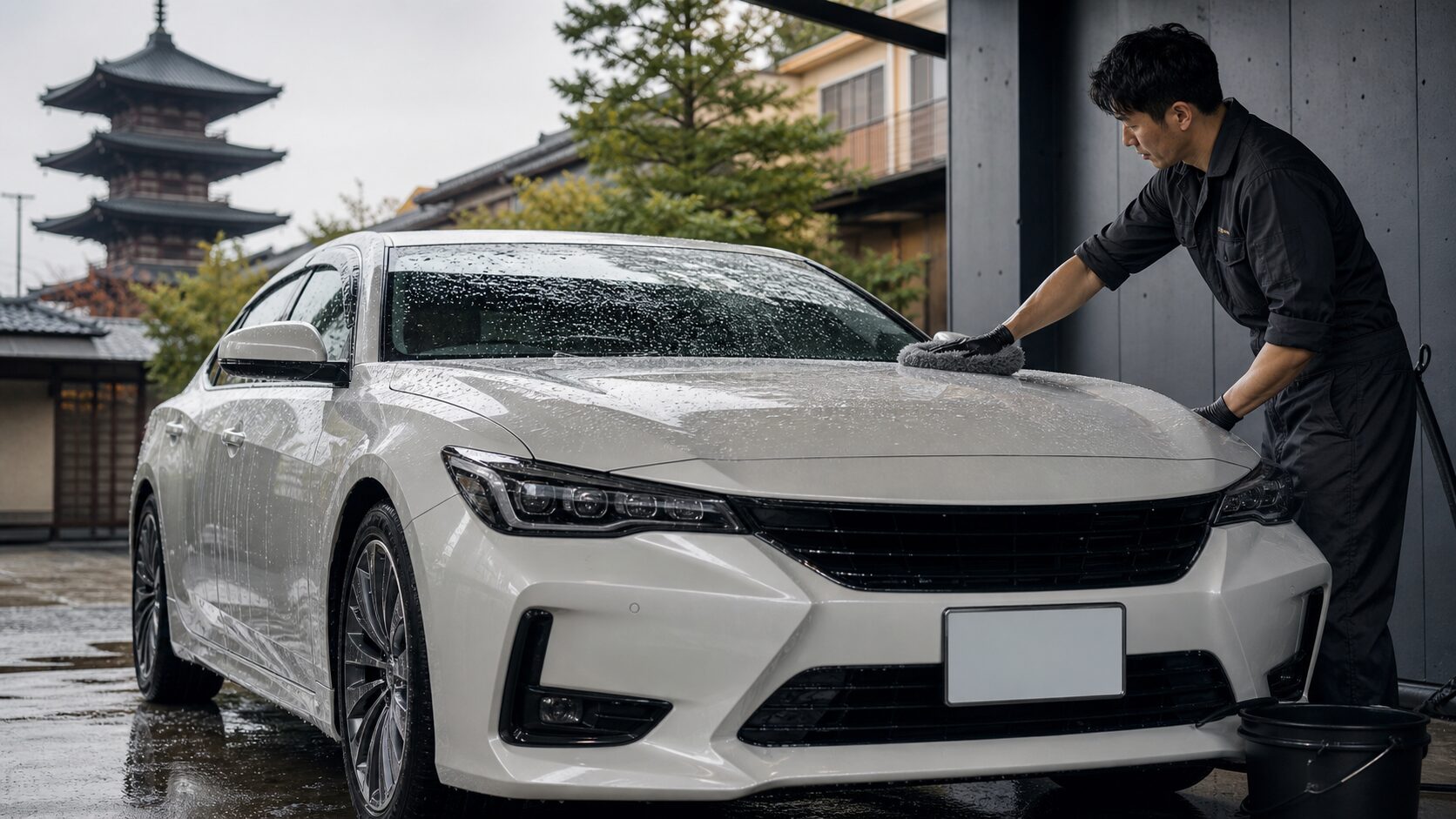カーコーティング施工後の車を日陰で優しく洗車するイメージ