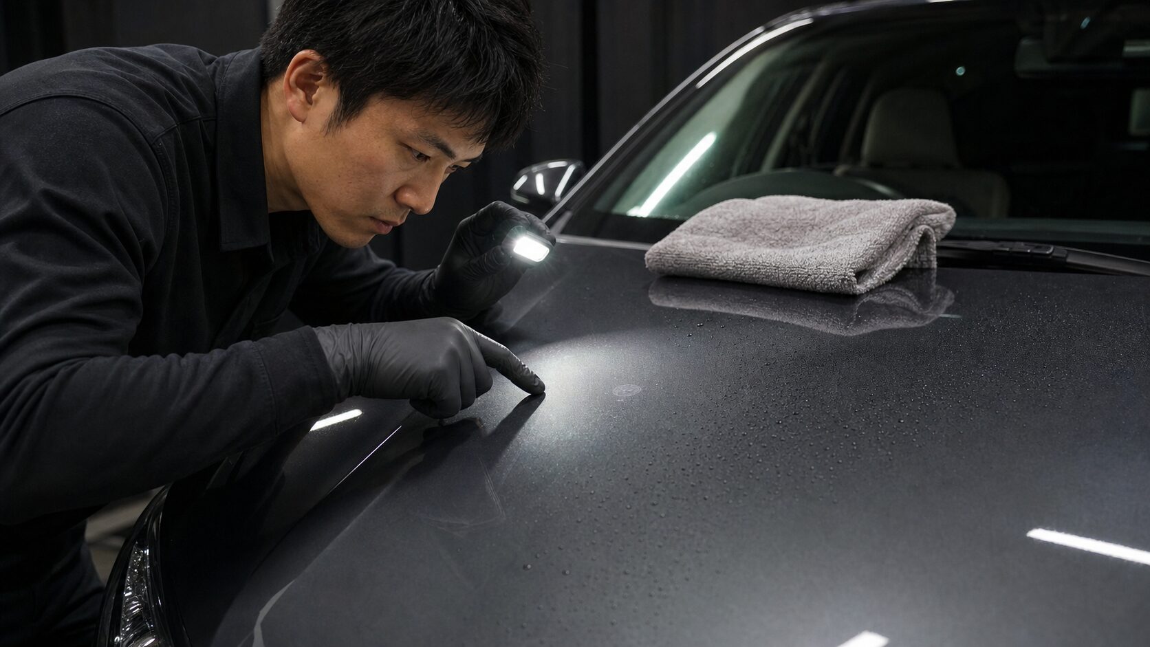 洗車後の塗装面を照明で確認するイメージ