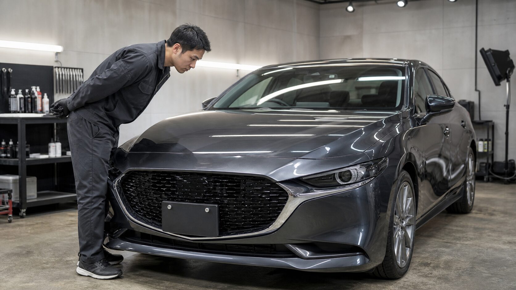 カーコーティング施工後の車を専門照明で点検するイメージ