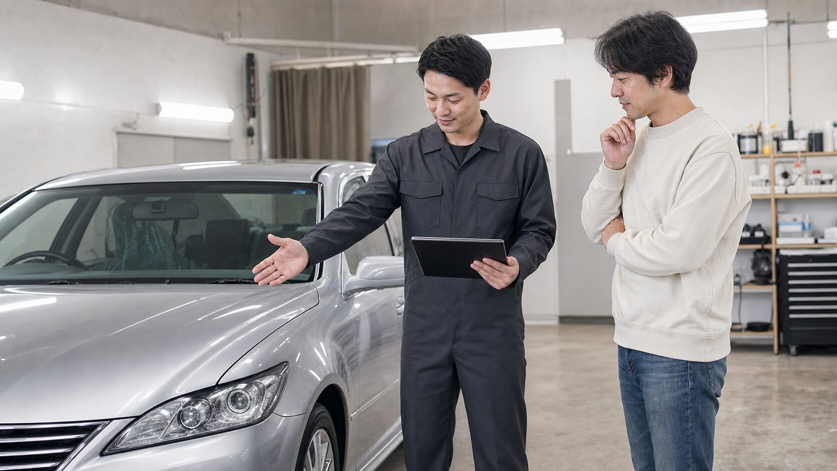 カーコーティングの点検結果を車のそばで説明するイメージ