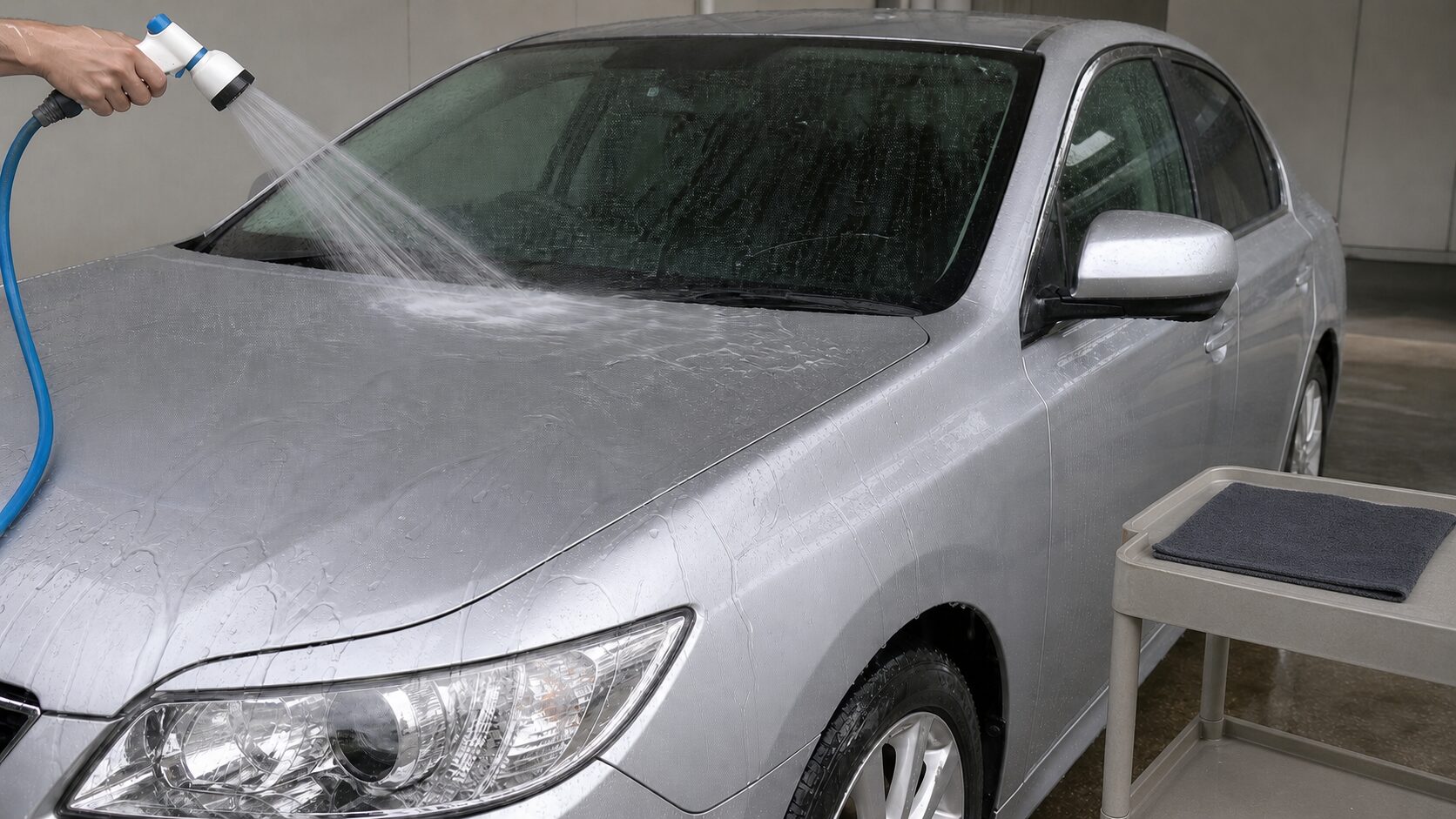 日陰でコーティング施工車を十分にすすぎ柔らかなクロスで拭き上げるイメージ