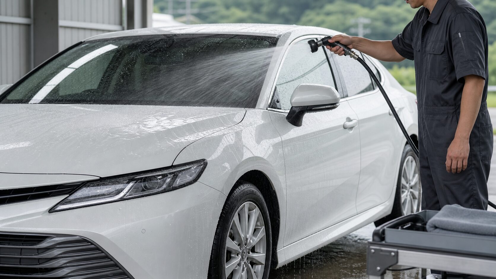 日陰でガラスコーティング施工車へ水を流し水の動きを確認するイメージ