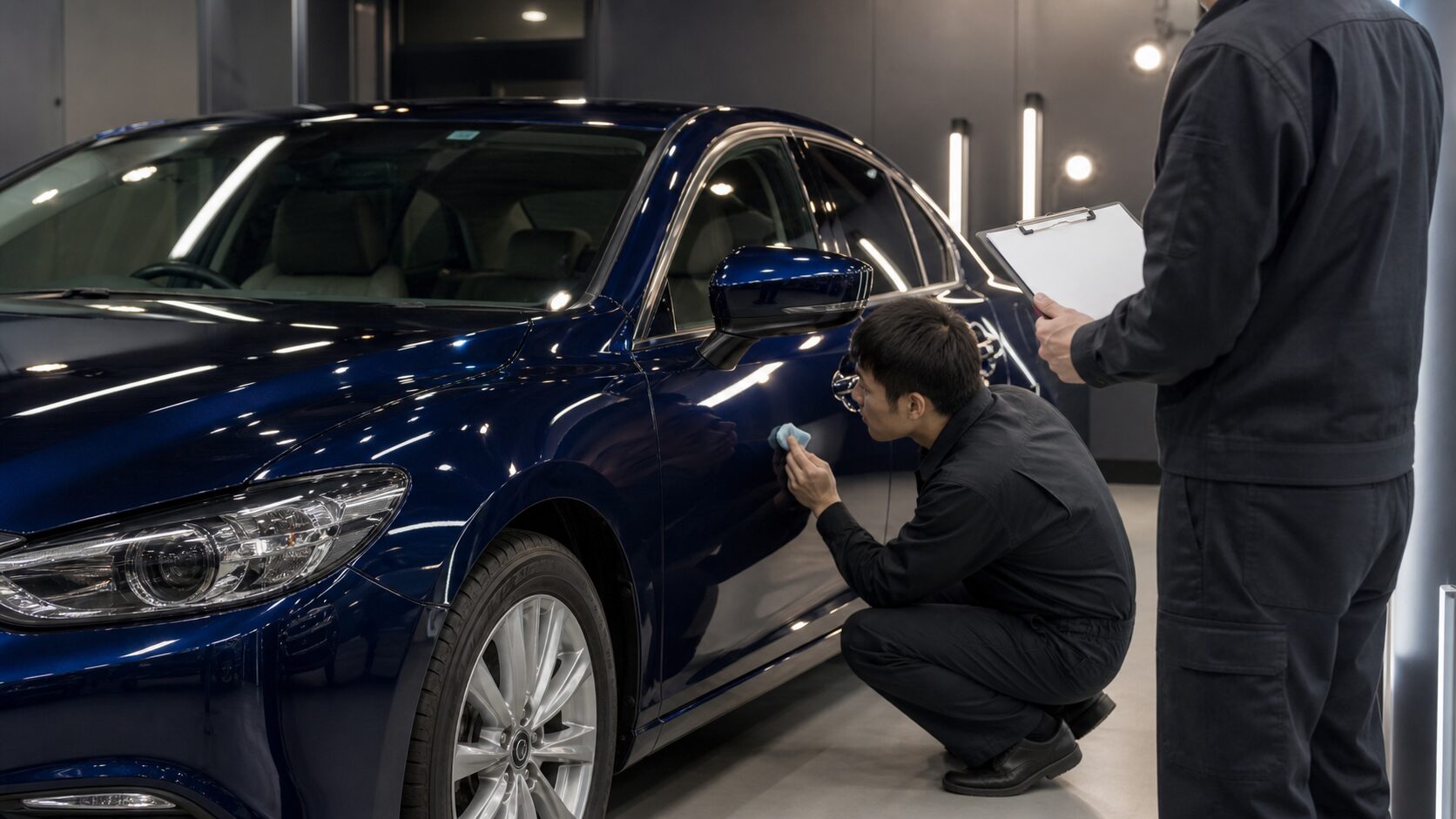 施工履歴と点検記録を見ながらガラスコーティング施工車を確認するイメージ