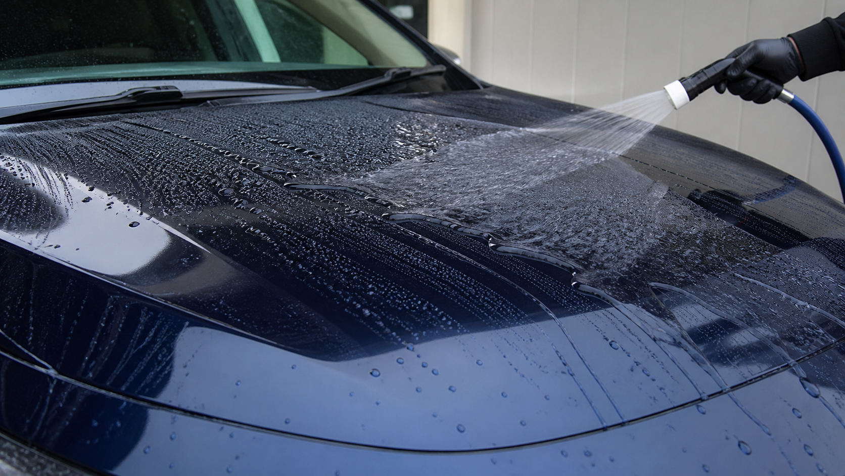 日陰でセラミックコーティング施工車の水の動きと表面状態を確認するイメージ