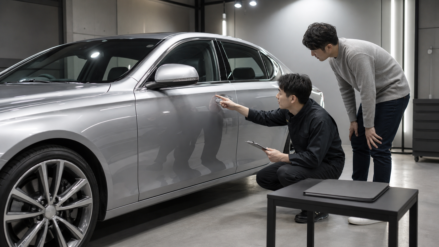 施工履歴と点検記録を確認しながらセラミックコーティング施工車を点検するイメージ