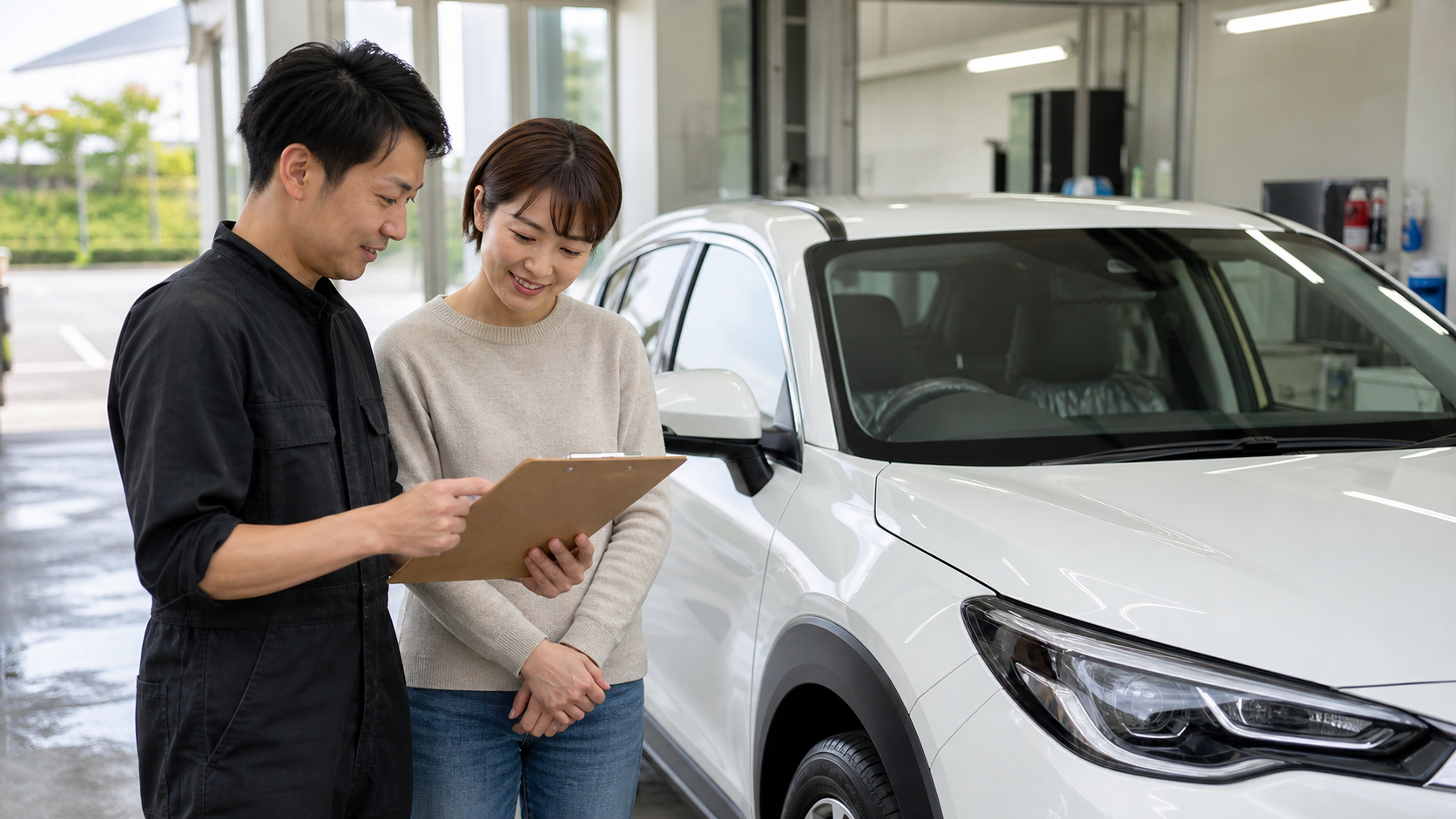 新車の施工予定をスタッフと確認する相談イメージ