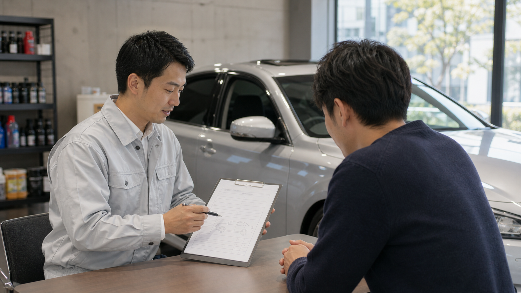 車の横で見積り項目を確認する施工相談イメージ