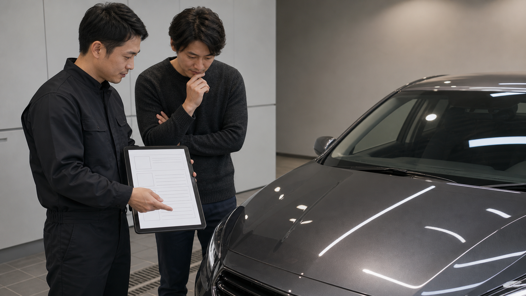 車両確認をしながら施工工程と見積りを照合する相談イメージ