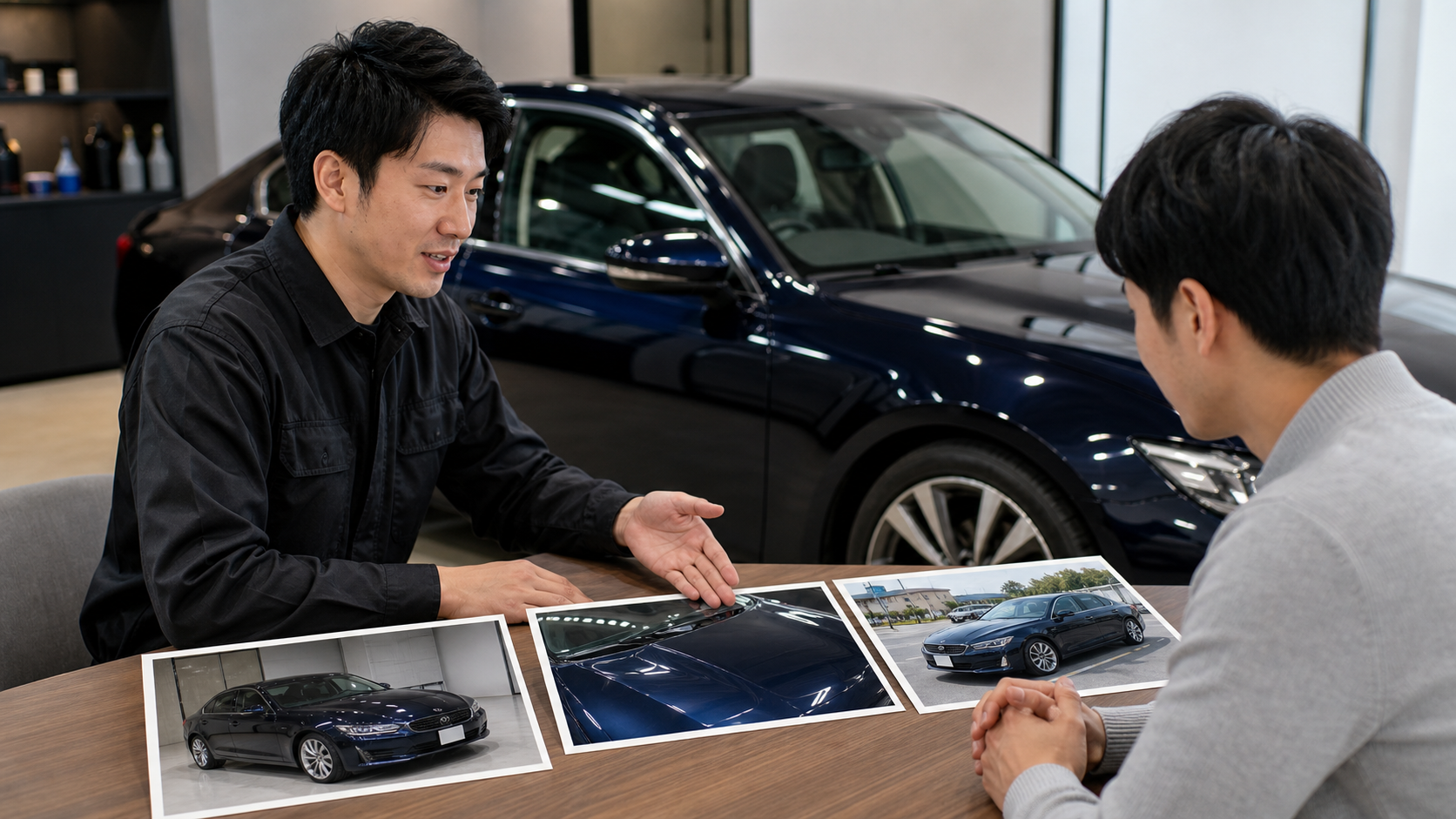濃色車の写真と保管条件を見ながら施工相談をするイメージ