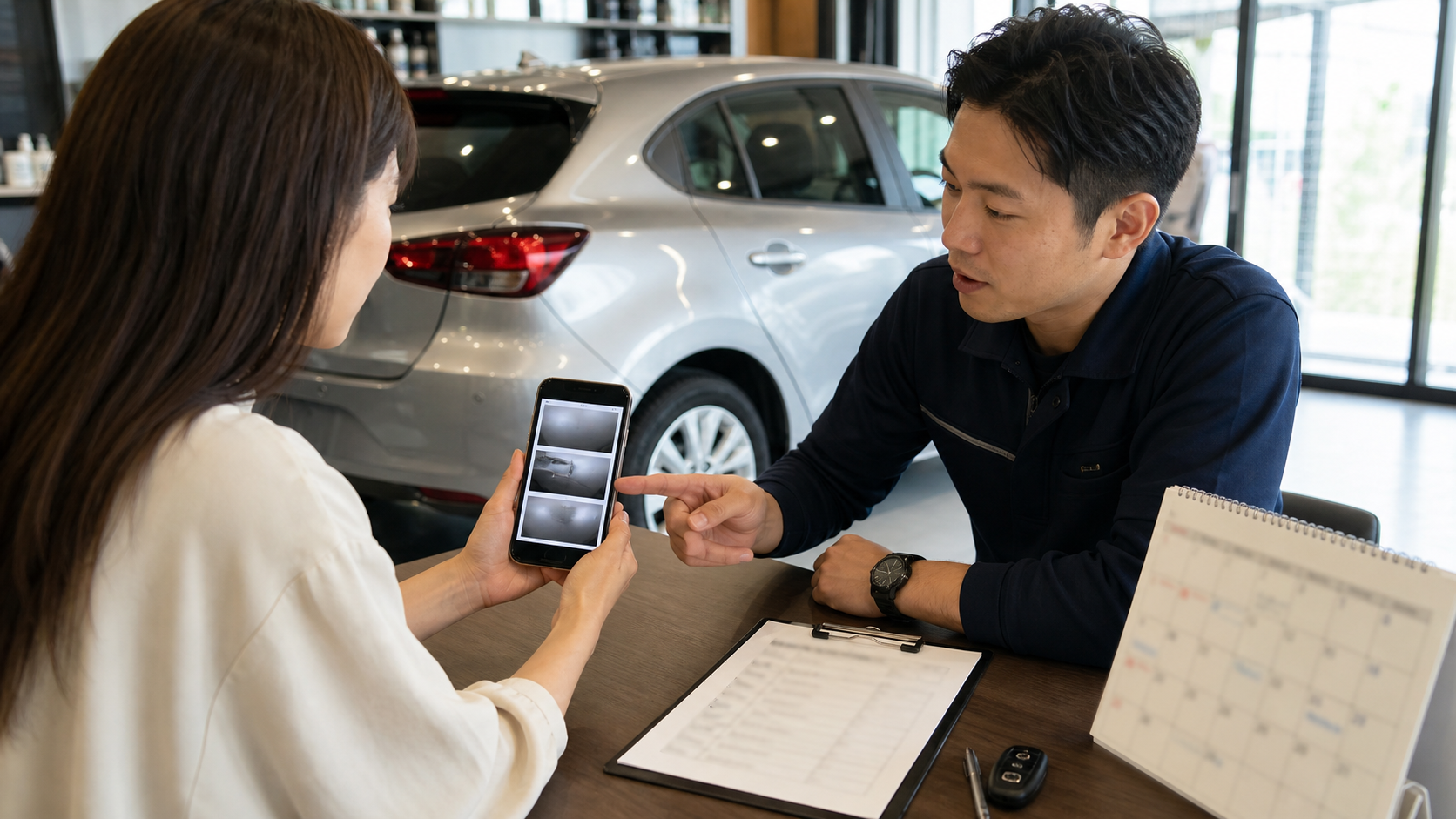 車両写真と予定表を見ながらガラスコーティングを相談するイメージ