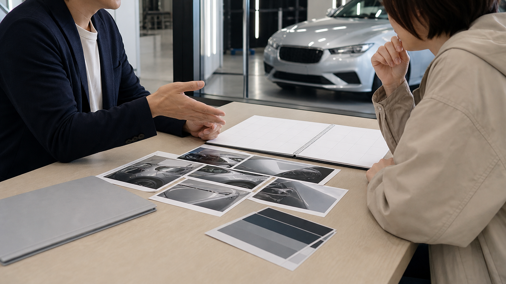 車両写真と確認項目を見ながら施工相談するイメージ