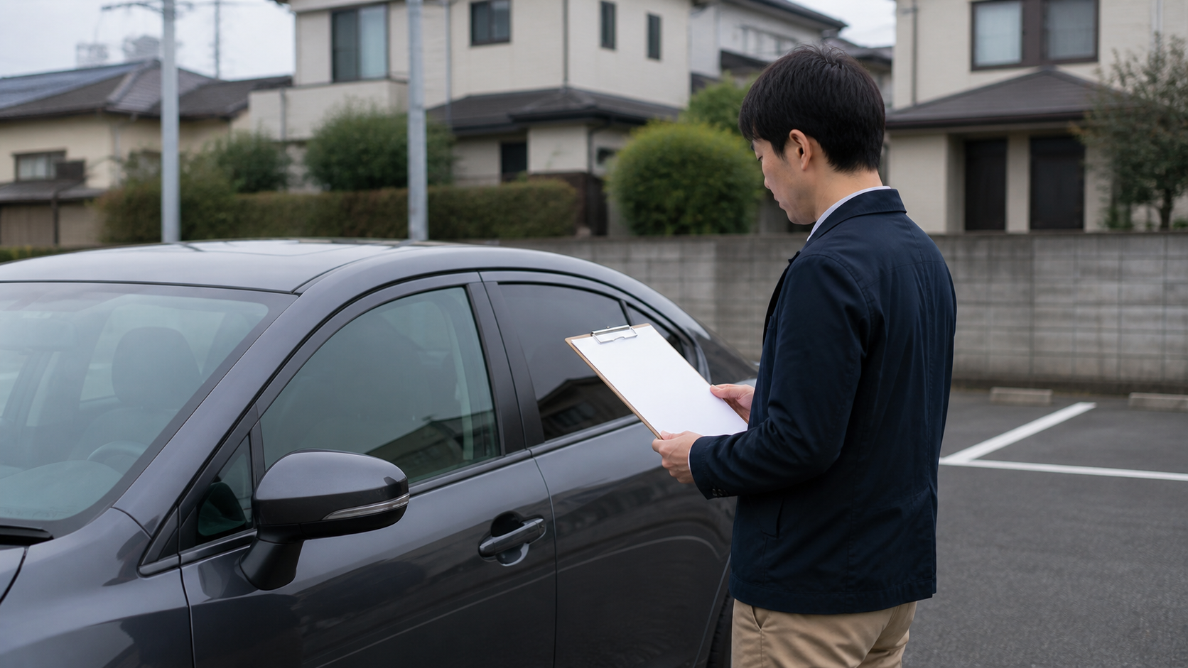 車の横で無地の比較メモを確認する施工店選びイメージ