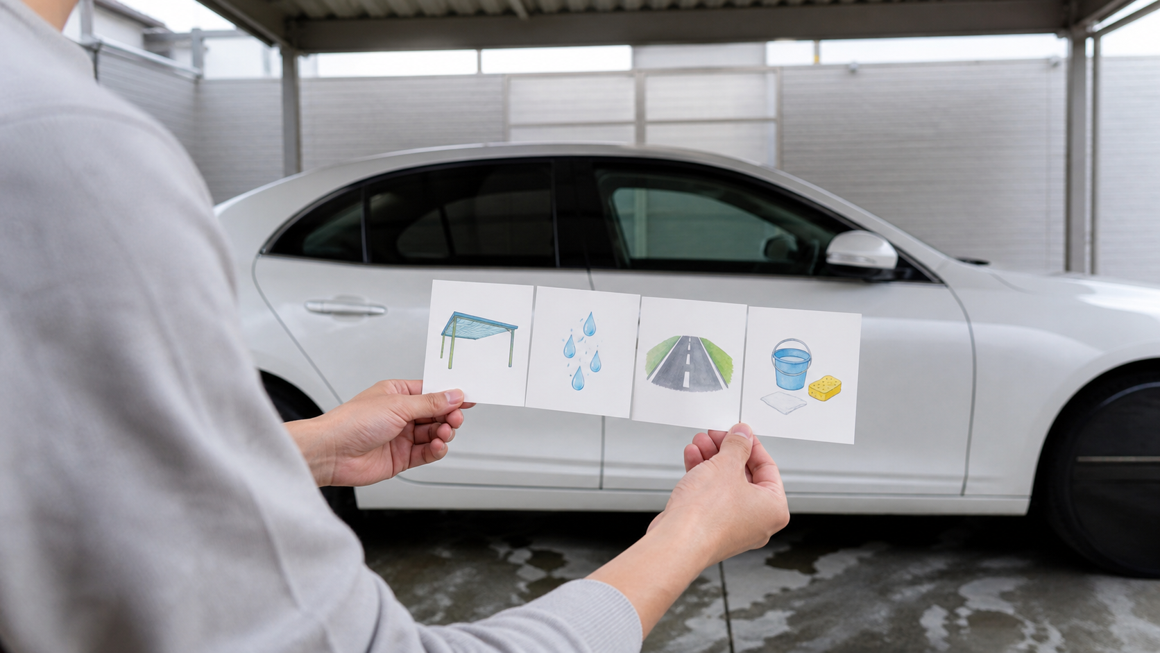 車の横で保管環境と使用状況を整理する相談イメージ