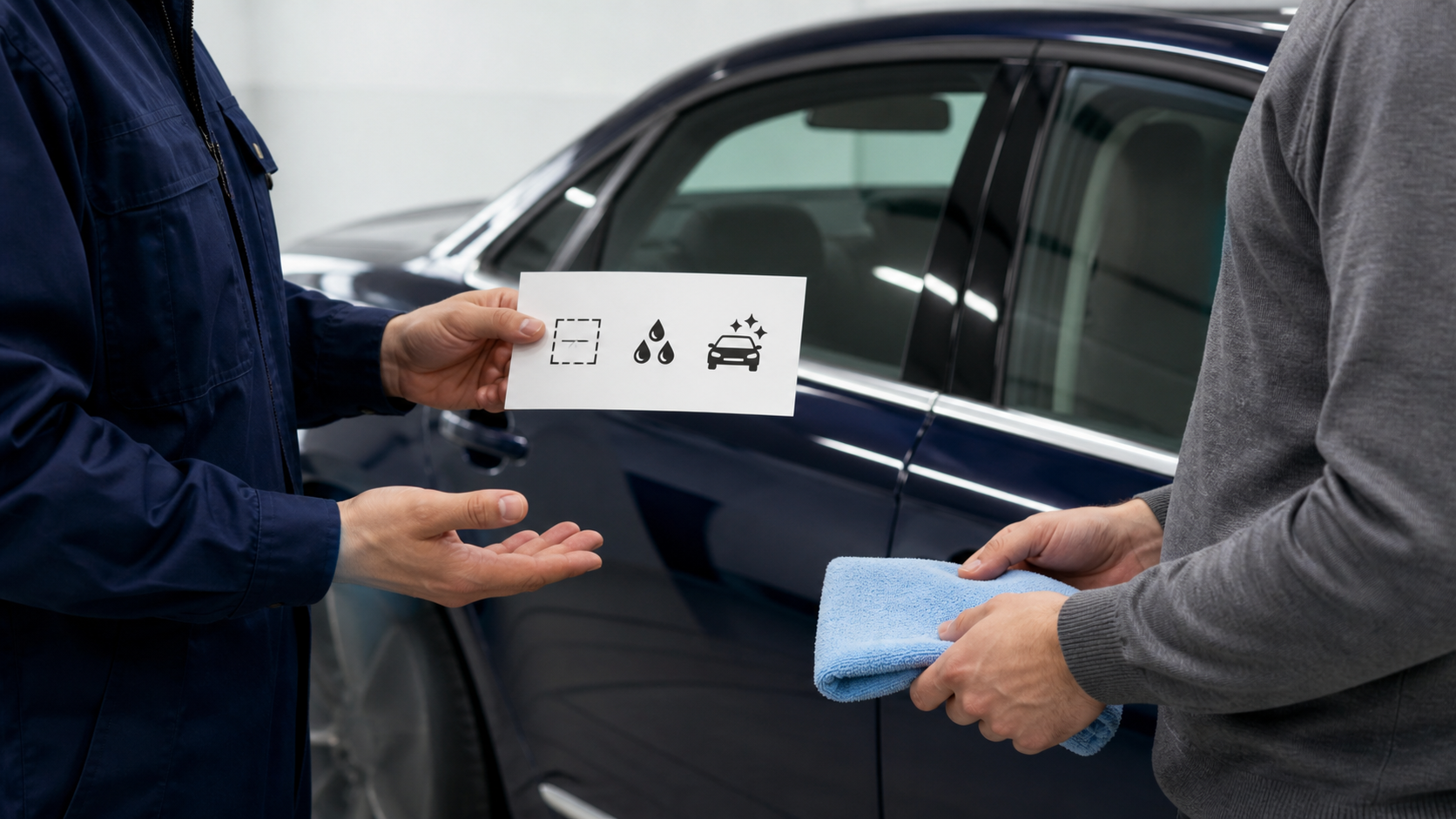 車の横で見積り条件と手入れ方法を確認する相談イメージ