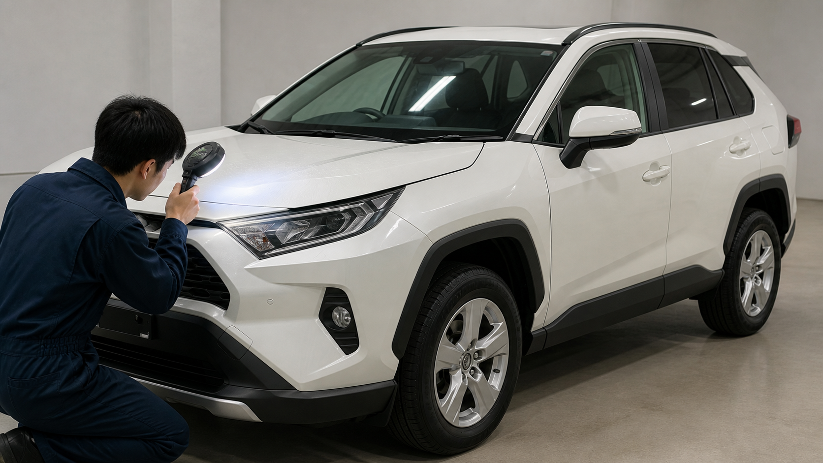 トヨタ RAV4を題材にカーコーティング前の塗装状態を照明で見る確認イメージ