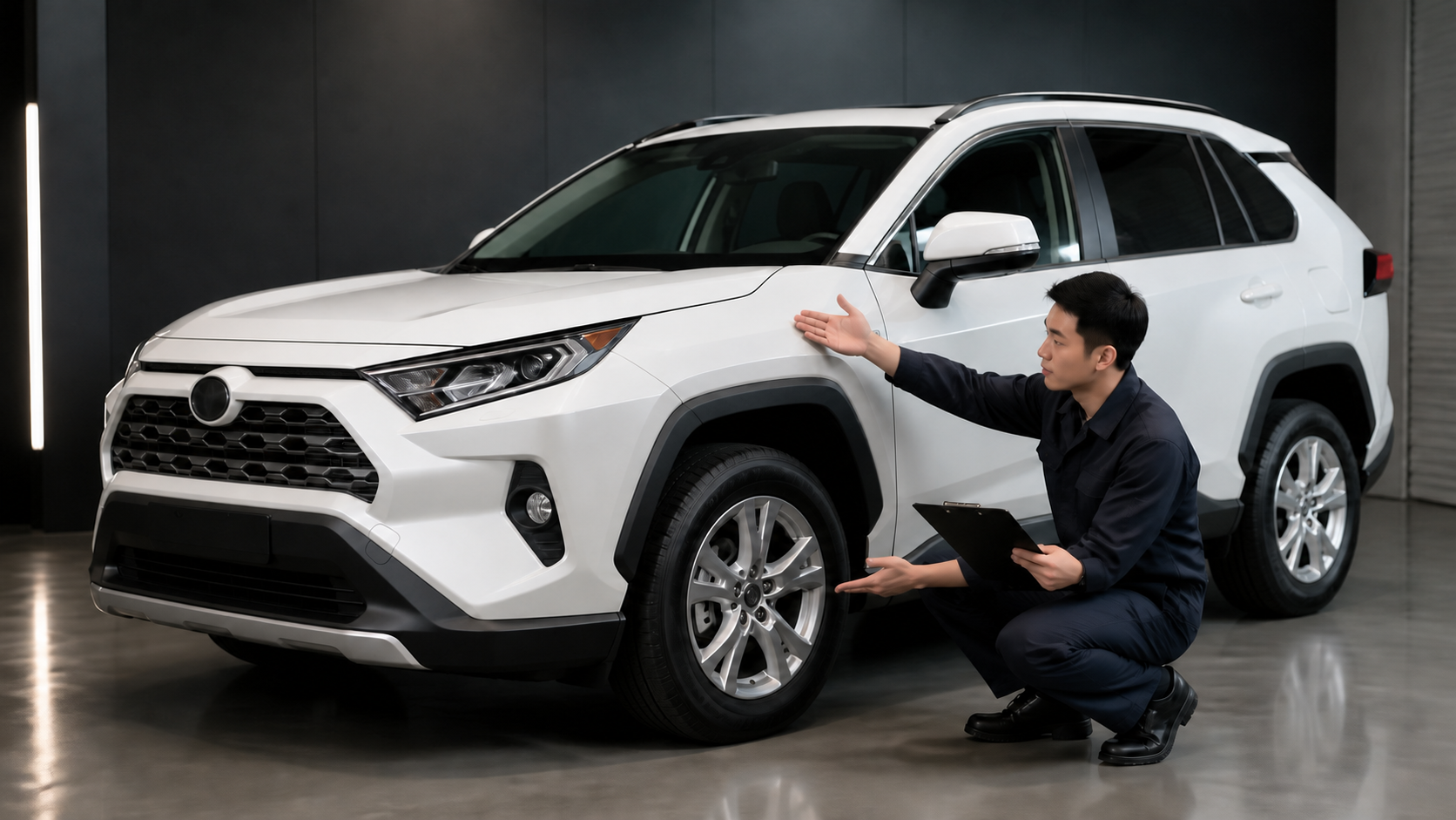 トヨタ RAV4を題材にボディ塗装面とホイールの施工範囲を確認するイメージ