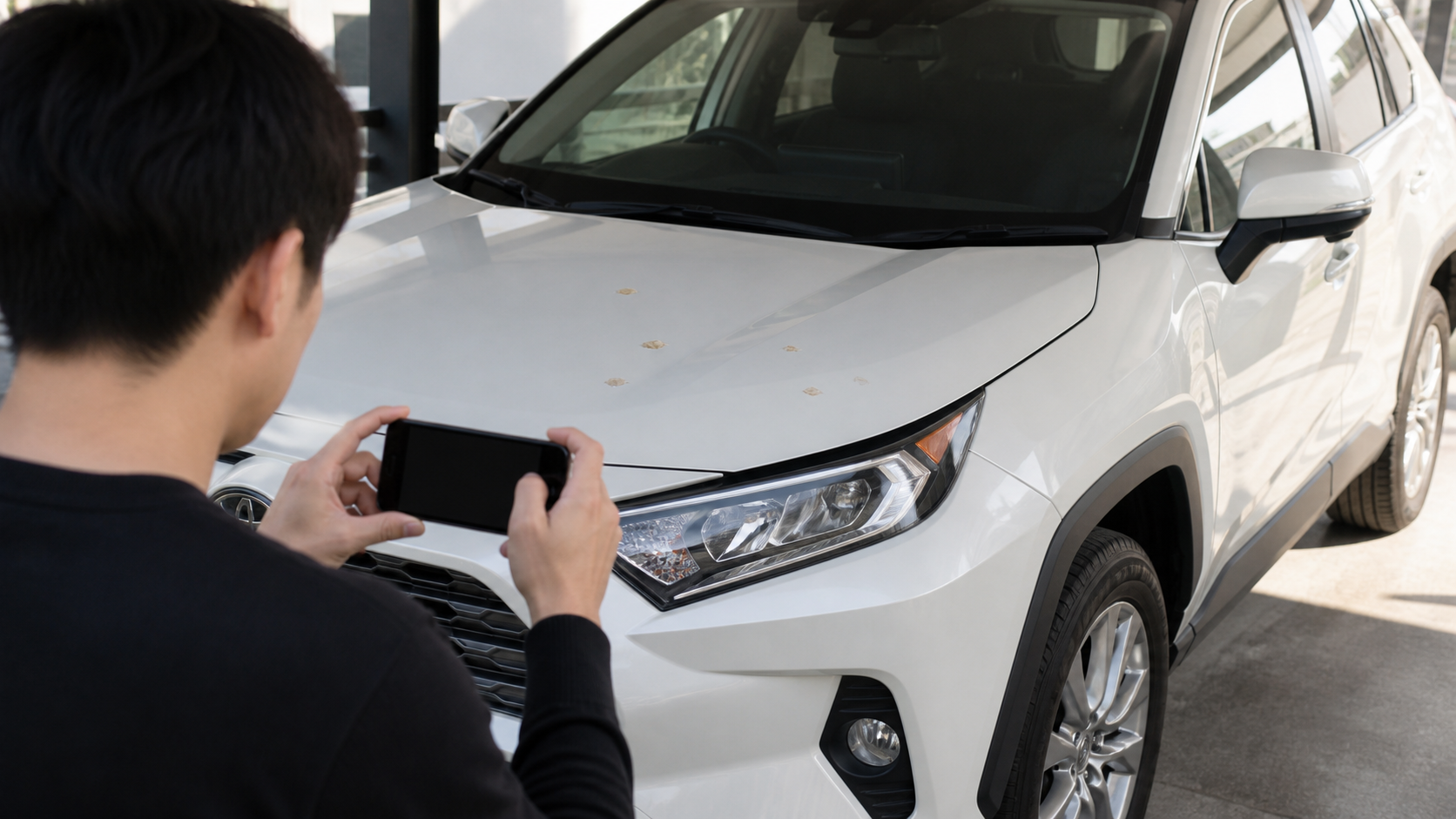樹液らしい汚れが付いたトヨタ RAV4のボンネットを斜めから撮影するイメージ