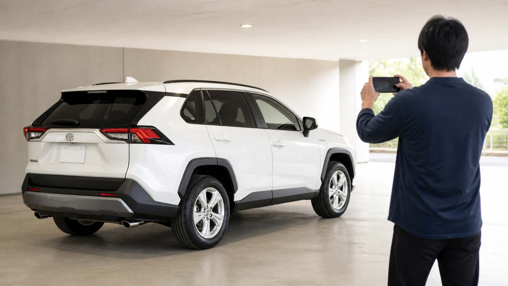 豊中での新車コーティング相談用にトヨタ RAV4と屋根付き保管場所を撮影するイメージ