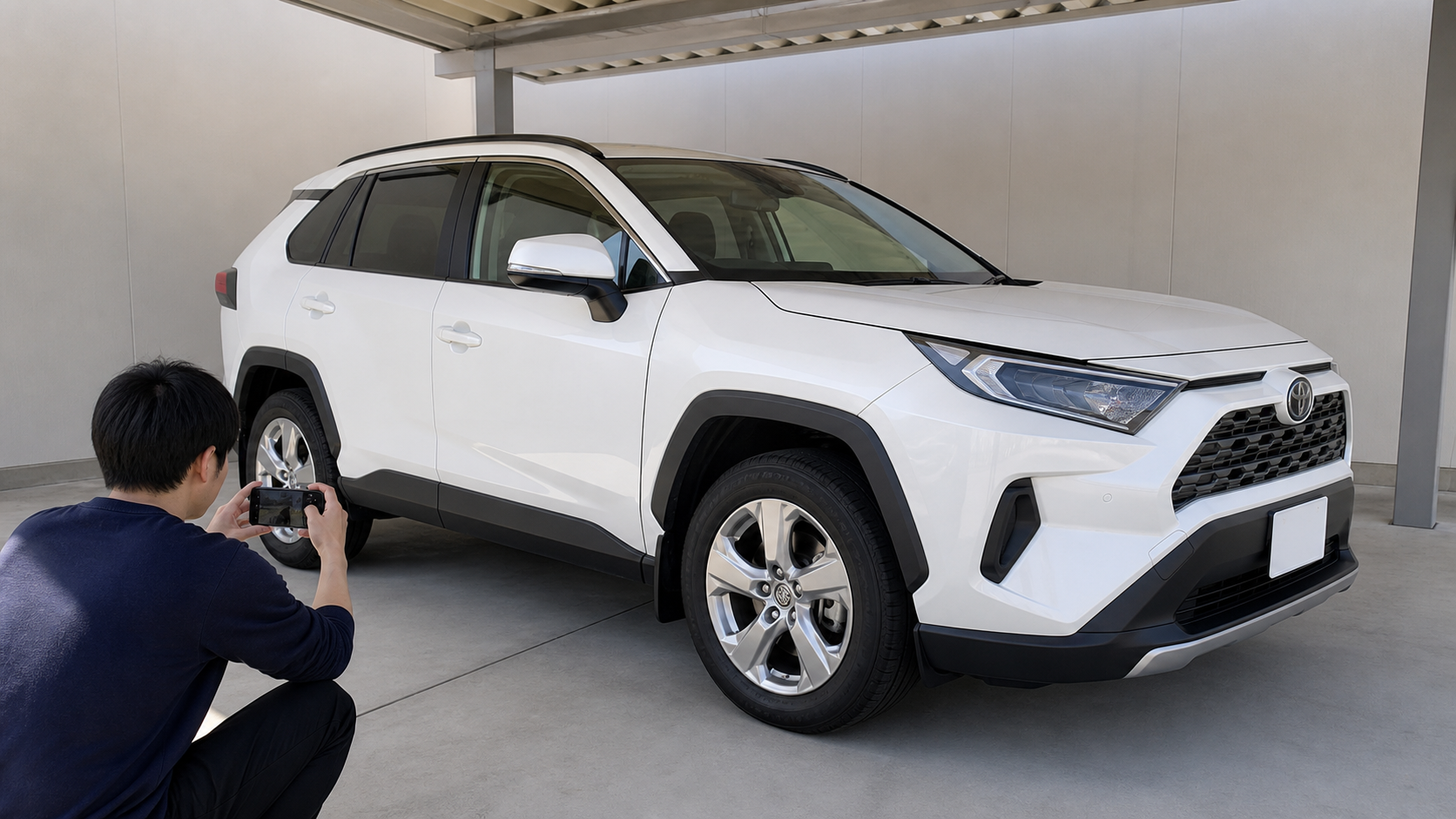 トヨタ RAV4の純正ホイールをスマートフォンで撮影する説明用イメージ