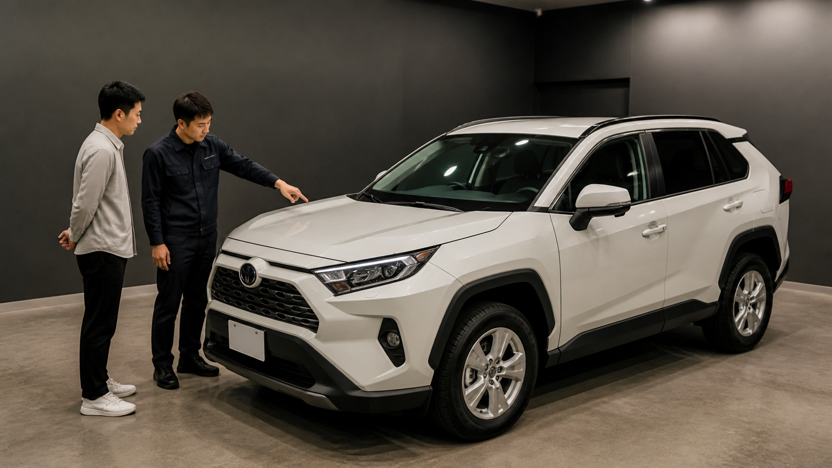 セラミックコーティング前にトヨタ RAV4の塗装状態を相談者と担当者が確認するイメージ