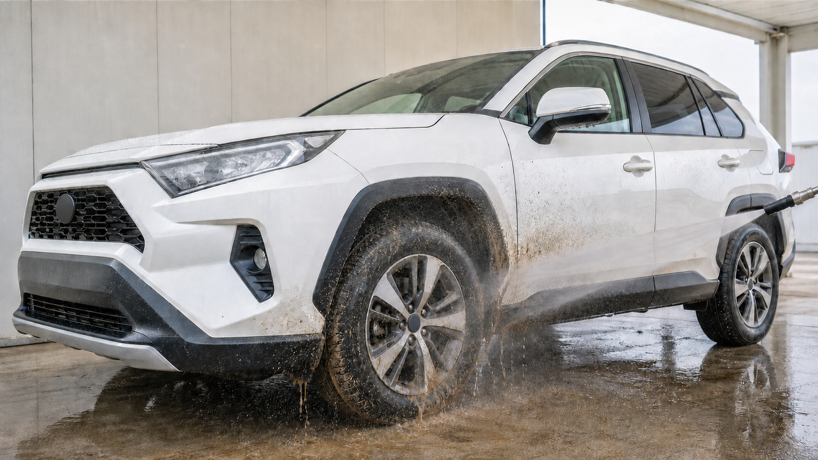 トヨタ RAV4のタイヤハウスと下部パネルの泥を水で予洗いする説明用イメージ