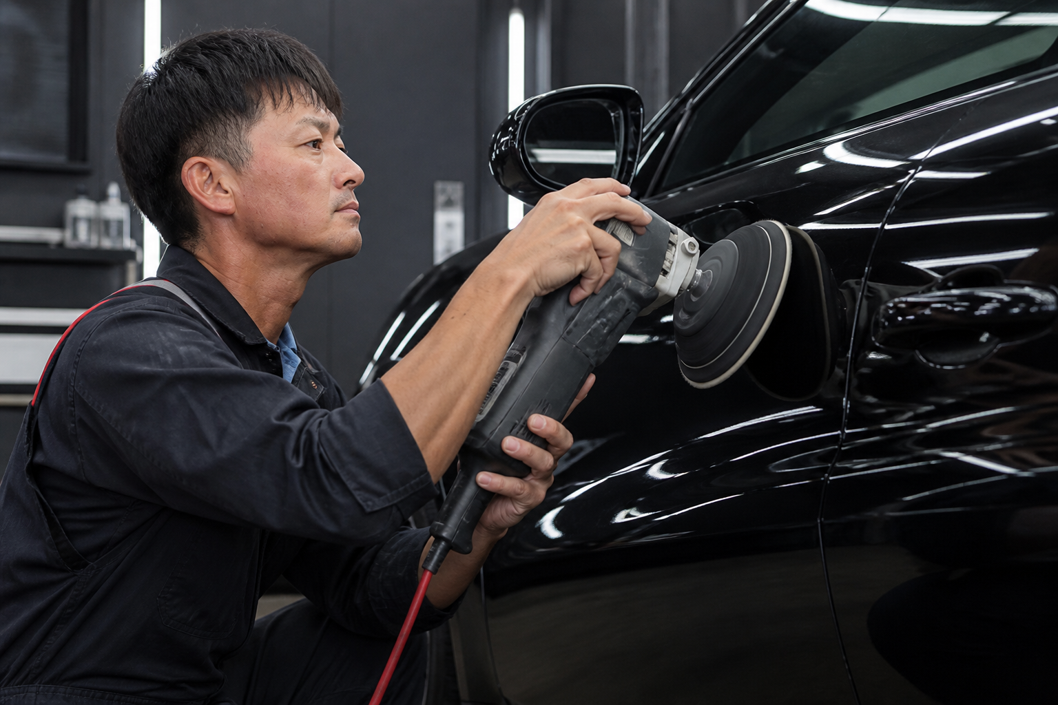 黒い車を下地磨きするMIYABIの職人