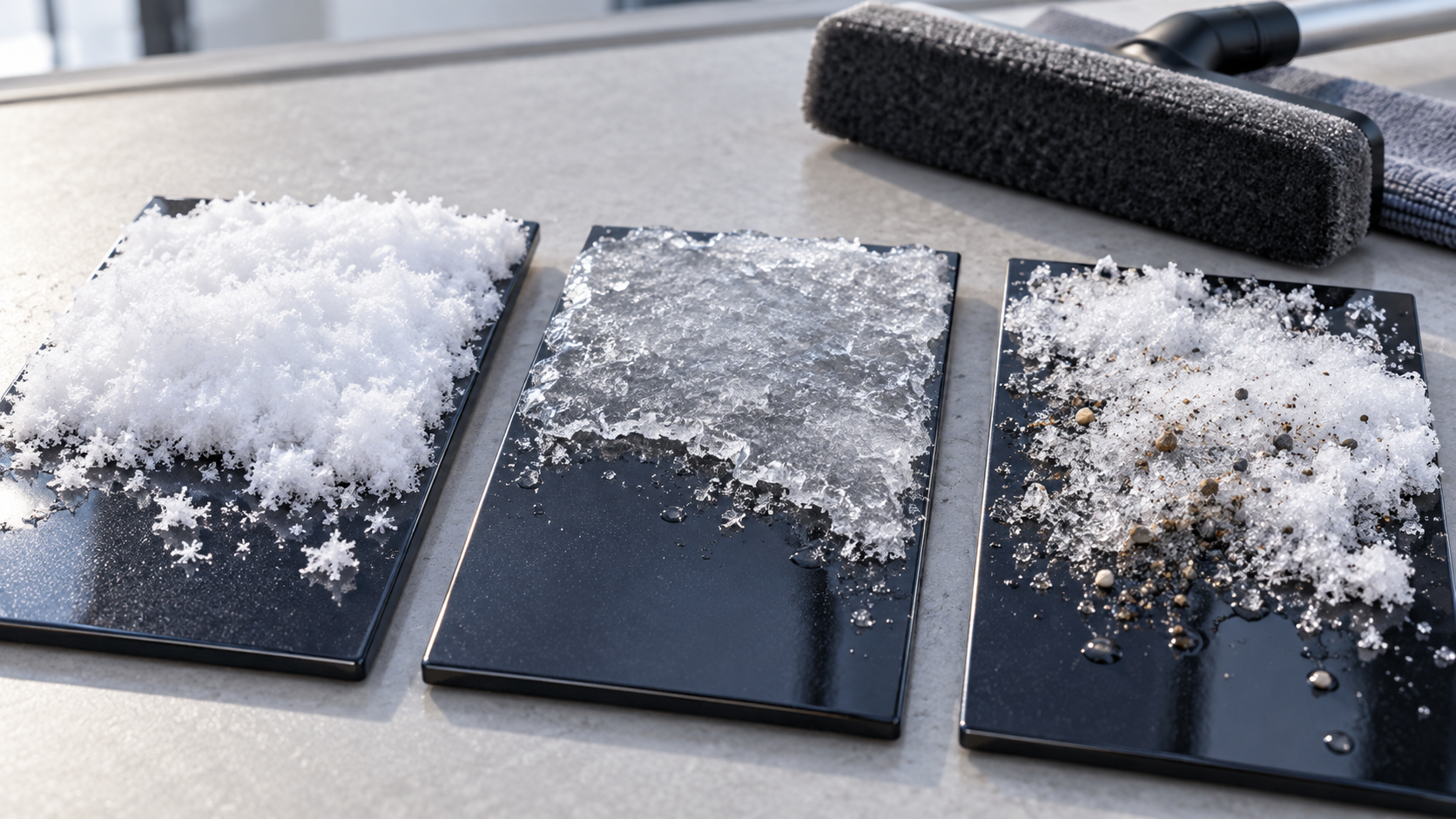柔らかい雪、凍った雪、砂が混じった雪を塗装サンプルで比べる説明用イメージ